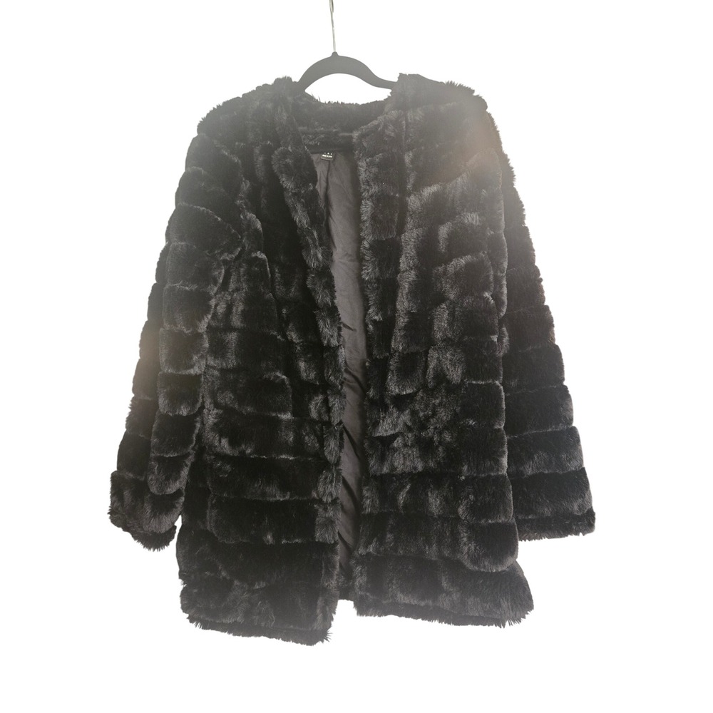 SHEIN Black Faux Fur Tiered Bubble Coat Collarless Open Front Jacket Medium